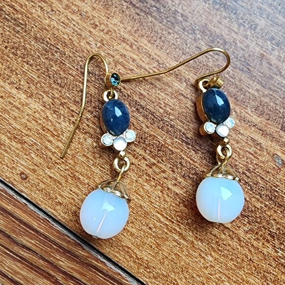 1928 Blue/Gold Beaded Drop Dangle Earrings - Picture 5 of 16